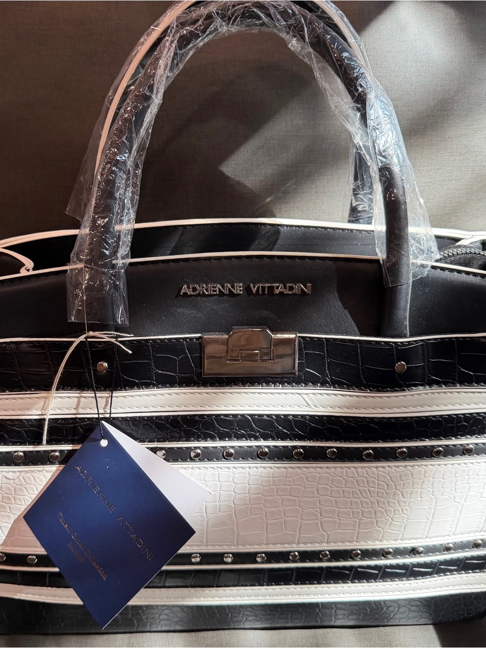 Adrienne Vittadini Black and White Croc-Embossed Satchel